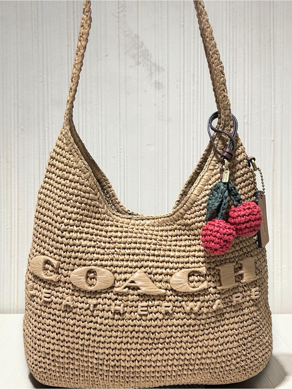 COACH Brooklyn Straw Hobo Bag w/Cherry Charm